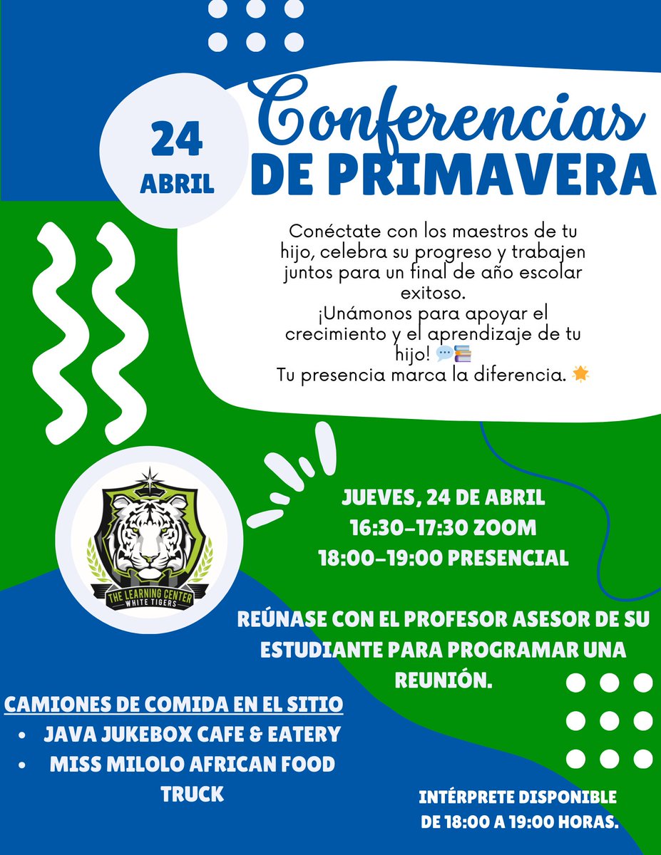 TLCWhiteTiger's tweet photo. Thursday, April 24th we will have our Spring Academic Parent/Teacher conferences. Teachers are available by zoom 4:30-5:30 and then in person 6-7. Please reach out to your student's Advisory teacher to set up a time to meet. Food trucks will be at the school and an interpreter https://t.co/7AOVbQQN5B