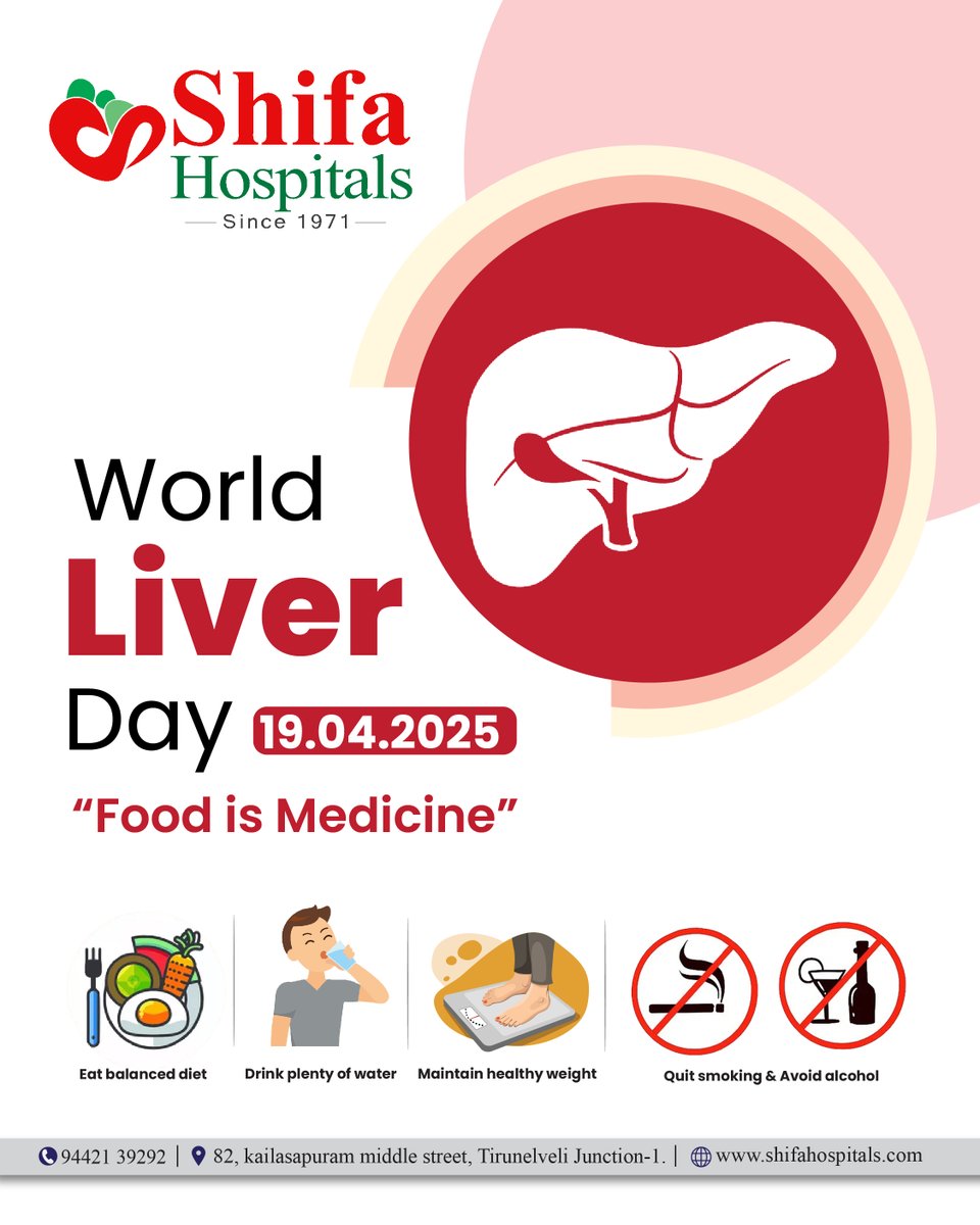 shifahospitals2's tweet image. Your liver silently protects your health every day. Let’s return the favor. Avoid alcohol, eat right, and stay active. 💚 #WorldLiverDay #liver #LiverProblems #liverdisease #awareness #avoidalcohol #healthydiet #StayActive #nellai #tirunelveli #fattyliver #FattyLiverDisease