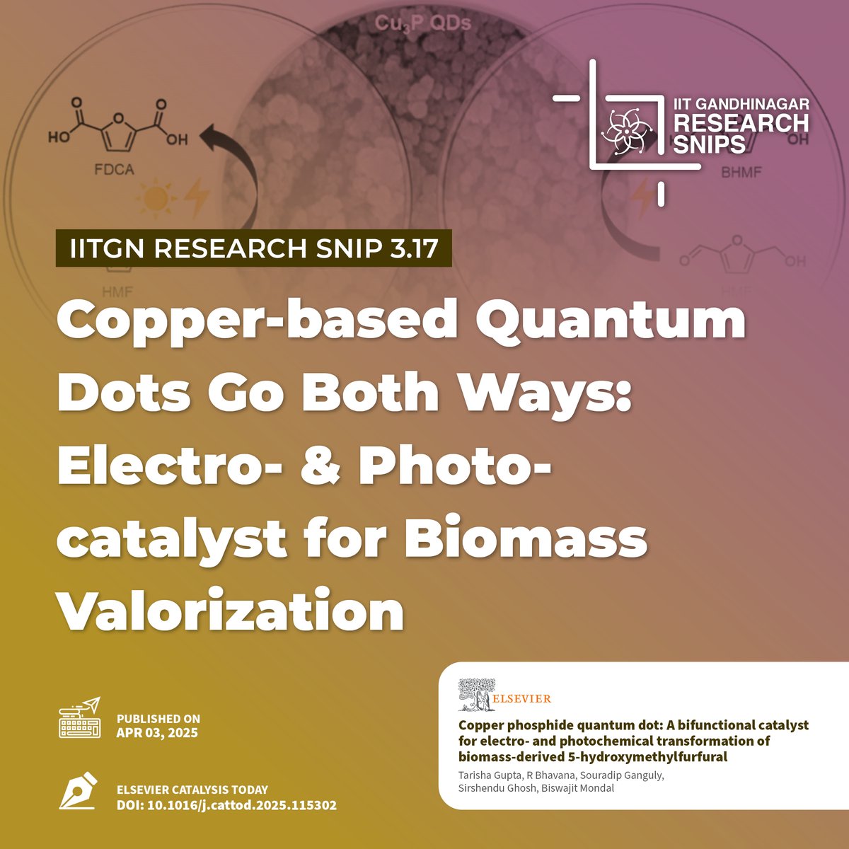 iitgn's tweet photo. A versatile model molecule derived from biomass, HMF (hydroxymethylfurfural), can be upgraded to value-added products, such as FDCA and BHMF, and reduce reliance on fossil fuels. https://t.co/uEPwV953AV