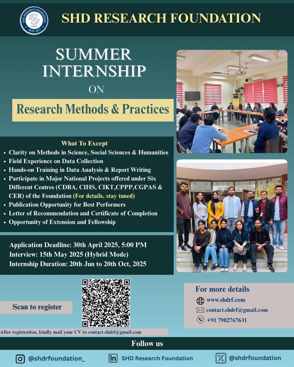 SHD Research Foundation invites applications for its Summer Internship Programme on Research Methods &amp; Practices. Apply by 30th April 2025 to gain valuable field experience and enhance your research competencies.

#shdrf #summerinternship #researchinternship