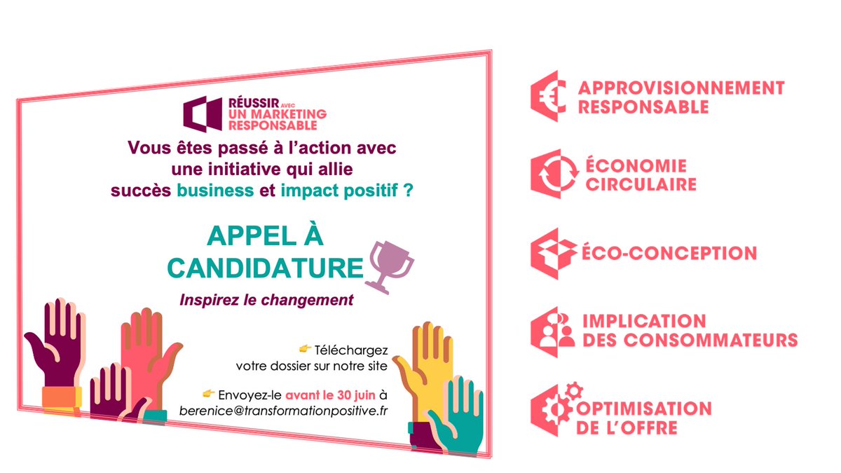 L’appel à candidatures pour le #Palmarès2025 de <a href="/RMResponsable/">Réussir Avec Un Marketing Responsable</a> est officiellement lancé !
➡️ Vous avez une offre (produit, service) intégrant une démarche de responsabilité environnementale ou sociale, concrète &amp; innovante ?
Candidatez jusqu'au 30/06 👉 …sir-avec-un-marketing-responsable.org/candidater-au-…