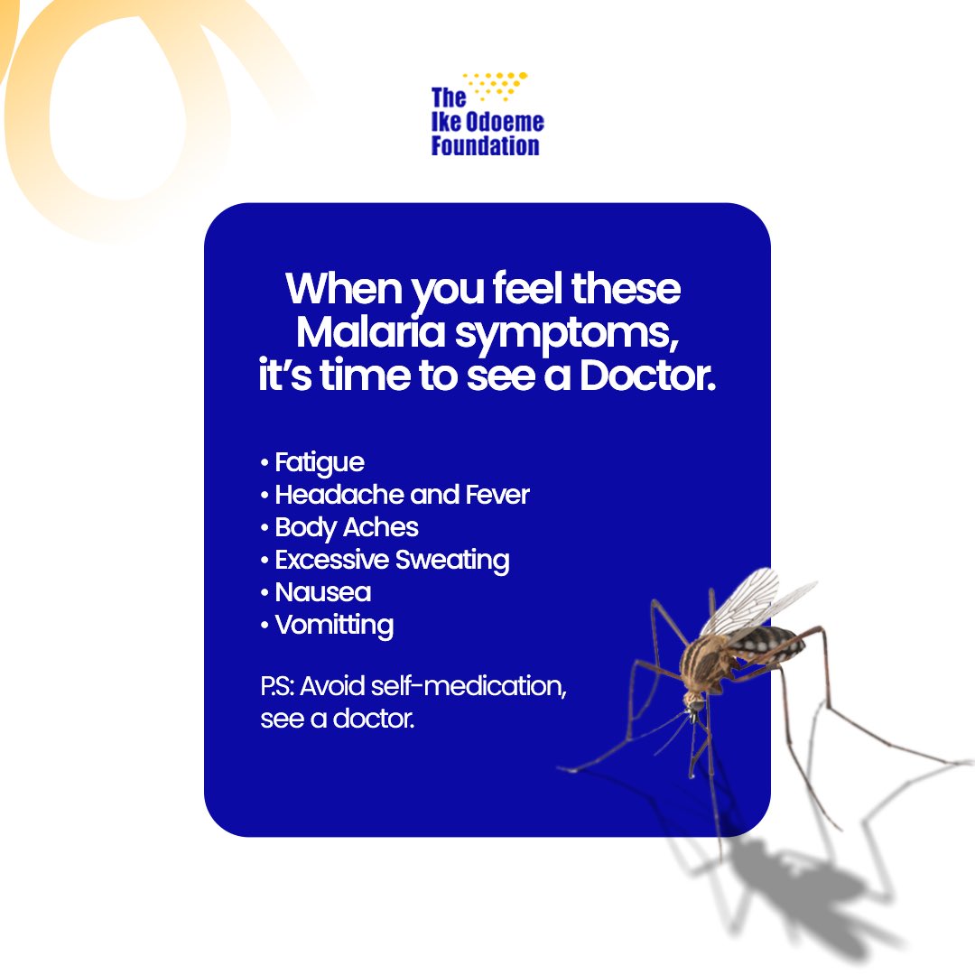 theikeodoemefdn's tweet photo. Malaria is more than just a fever — it’s a life-threatening disease that requires immediate attention. If you’re experiencing symptoms like fatigue, headache, fever, body aches, excessive sweating, nausea, or vomiting, it could be more than just a common illness. https://t.co/GLnO626rEN