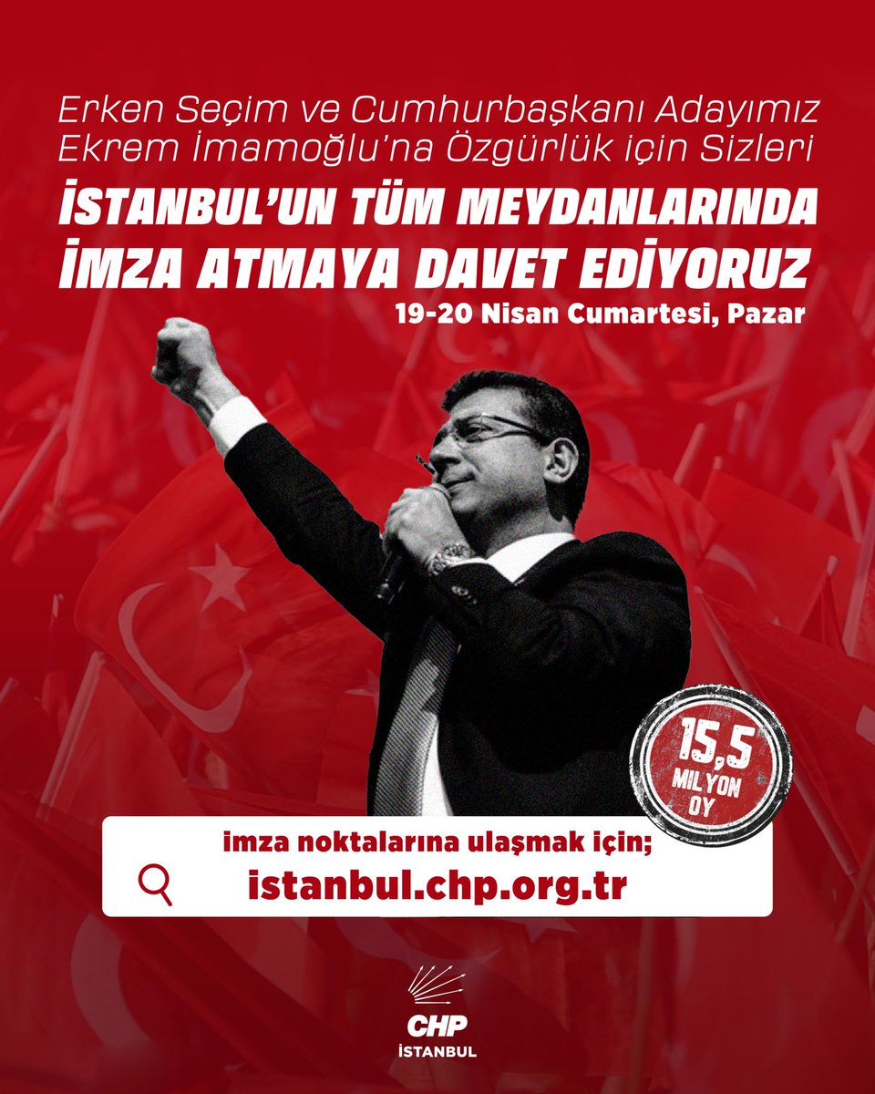 Erken seçim ve siyasi tutsaklara özgürlük için haydi görev başına!

İmza seferberliğimize bu hafta sonu da son hız devam ediyoruz!

İstanbul'un tüm meydanlarında, irademize sahip çıkıyoruz.

Aşağıdaki linkten imza toplama noktalarına ulaşabilirsiniz:

bit.ly/chpimzakampany…