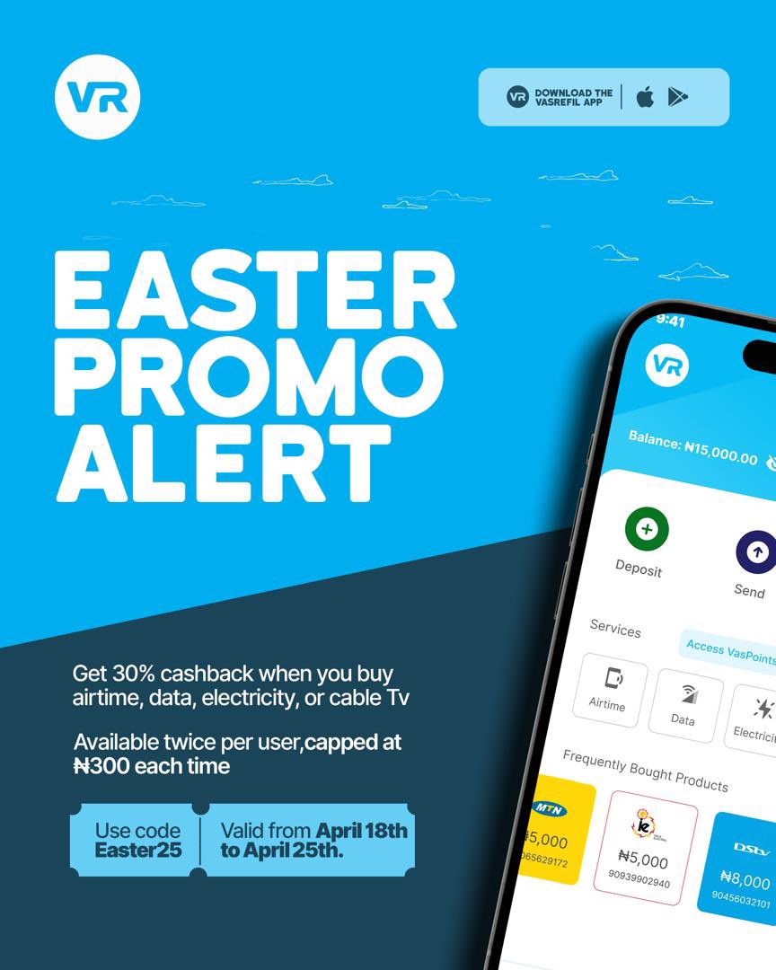 Cleverlydey4u's tweet photo. Happy Good Friday!
Celebrate Easter with 30% cashback (up to β¦300) on 2 bill payments β airtime, data, electricity, or cable TV.
Use code Easter25 at checkout (April 18β25).
#EasterDeals #CashbackAlert #Vasrefil https://t.co/C6z3mDgdJb