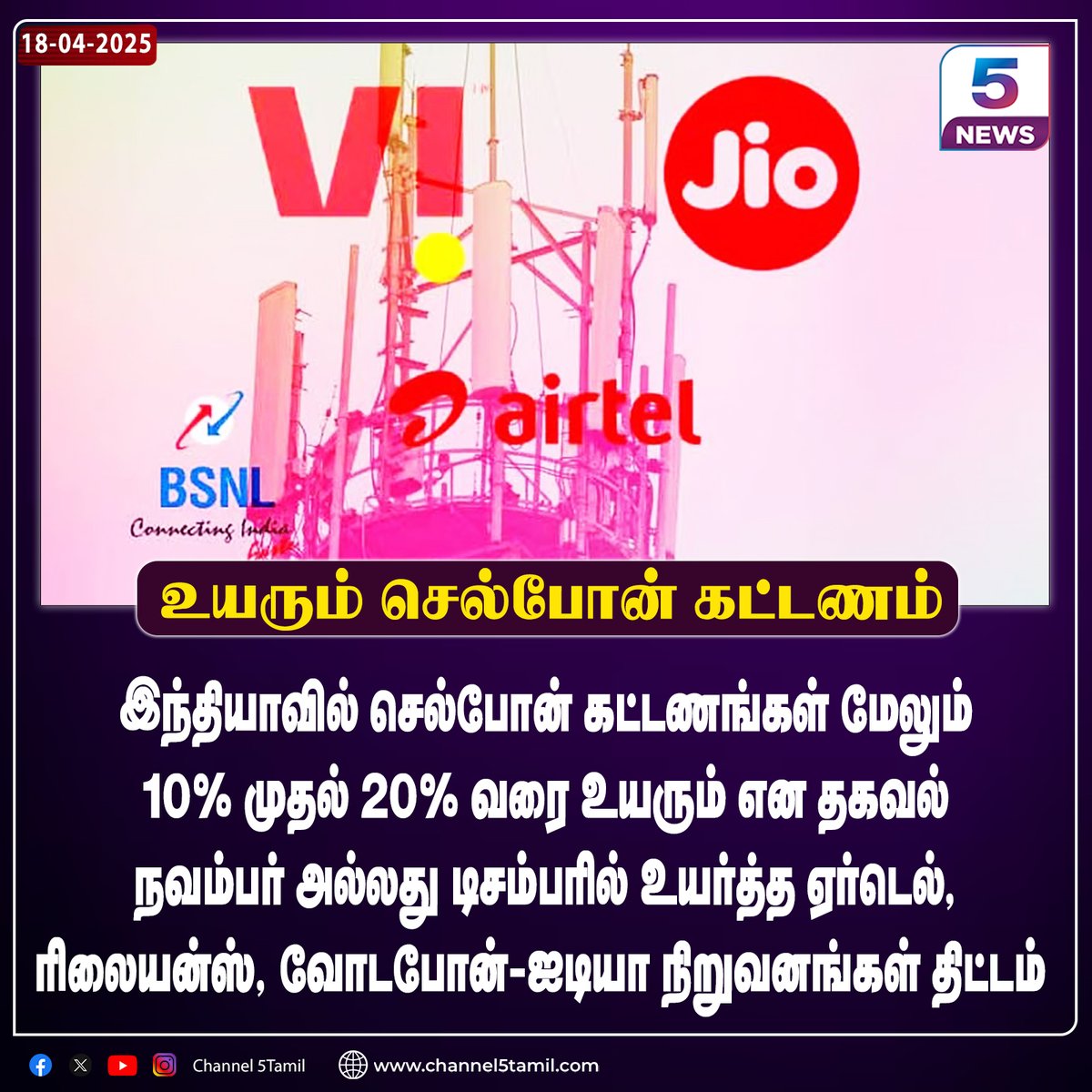 Channel5Tamil's tweet image. உயரும் செல்போன் கட்டணம்!
#mobilenetworks | #cellphonetowers | #networkoperators | #channel5tamil