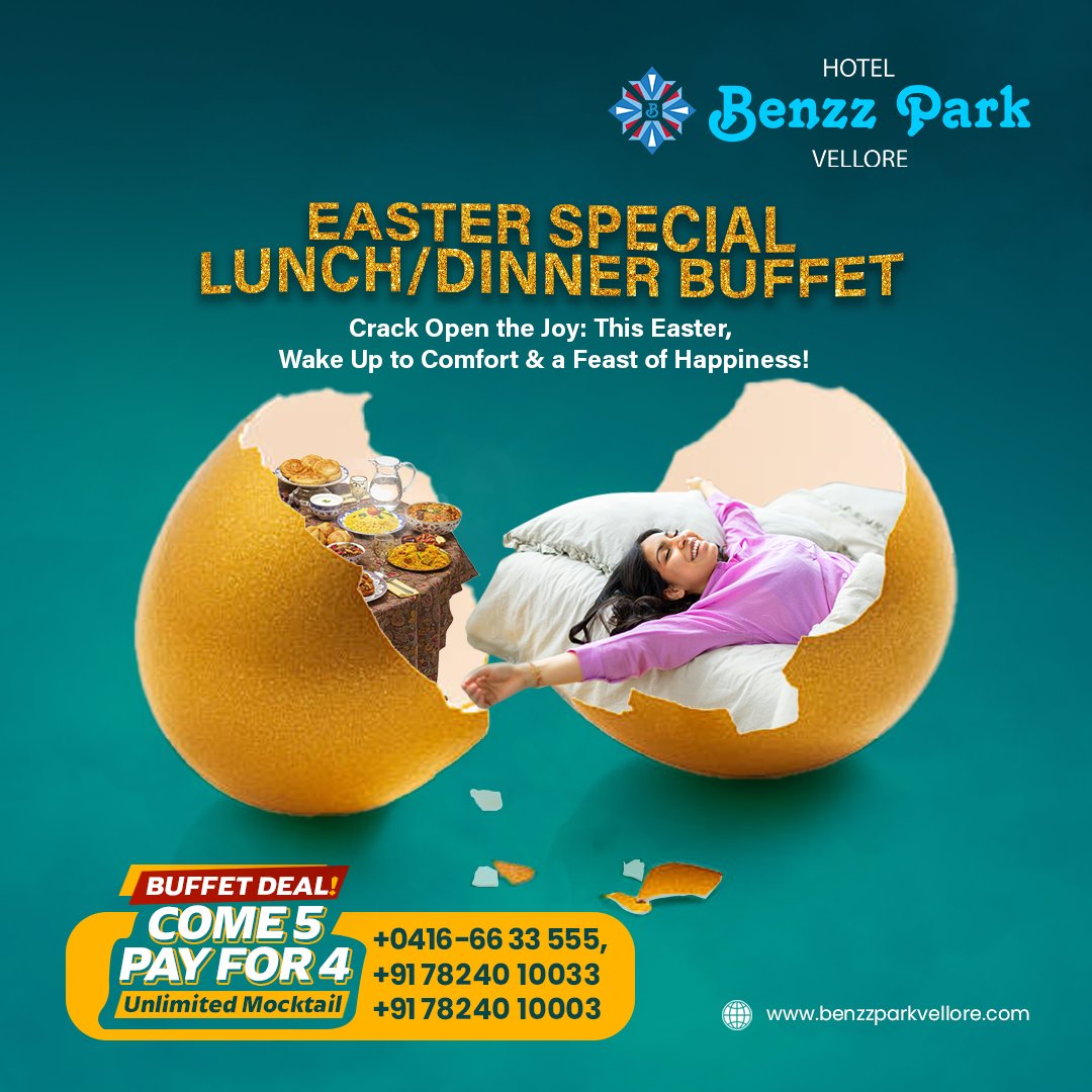benzz_park's tweet image. 🥚💥 CRACK INTO COMFORT &amp;amp; FEAST MODE!

📞 Reserve Now:
📍0416-66 33 555 | 📱 +91 78240 10033 / 10003
🌐 benzzparkvellore.com

#EasterBuffet #BenzzParkVellore #FeastModeOn #CrackOpenJoy #EasterVibes #LuxuryDining #BuffetMadness #UnlimitedMocktails #Come5Pay4 #CelebrateEaster
