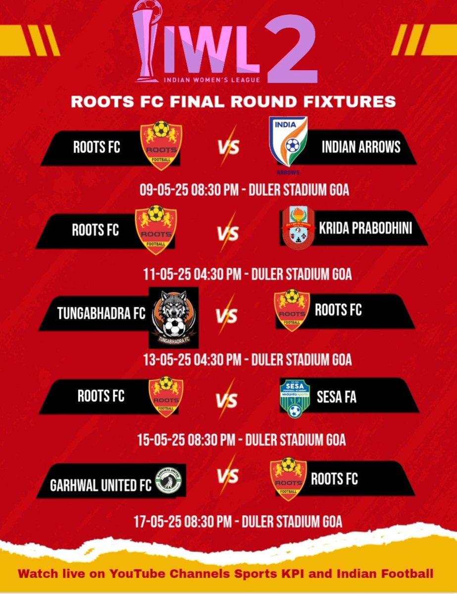 Karnataka_sc's tweet photo. IWL 2 Final Round 2024-25 Roots FC Full Fixtures.

Top 2 teams in Points Table will be promoted to IWL 2025-26.

All matches will be live streamed in youtube channels @IndianFootball and @SportsKPI

All the best @roots_football

#indianwomensleague2 #iwl2 #indianfootball https://t.co/KZksbOXlAu