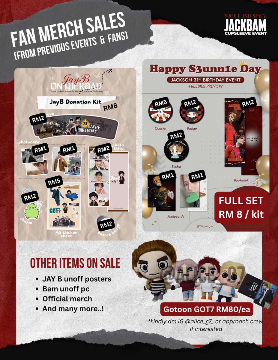 jackbams_n_s's tweet photo. Ahgases, it’s merch madness at the #JACKBAM Cupsleeve Event! Fan merch from past events, freebies, and adorable GOT7 goodies are up for grabs — JayB kits, Jackson bday treats, unoff pcs, and more. Come shop ‘til you drop! 🛍️

#JackBamSweetandSpicy 🍬🌶️ https://t.co/xJ2xOWHwUg