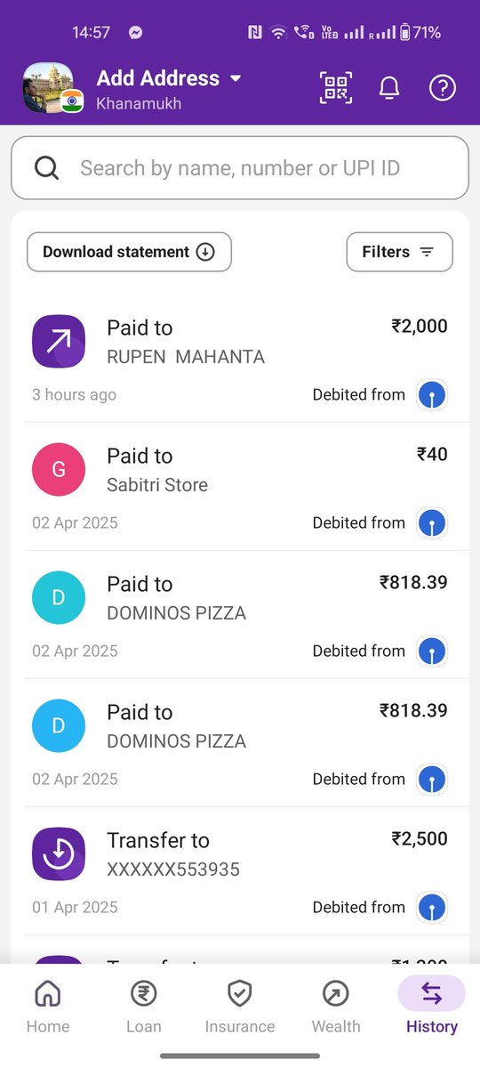 Vish_theWorldUS's tweet photo. Heres the statement (history) and the amount that has been deducted. Pls take action and help me so that i get my amount back. Thank you. @dominos_india @dominos https://t.co/UFWknMxhrl