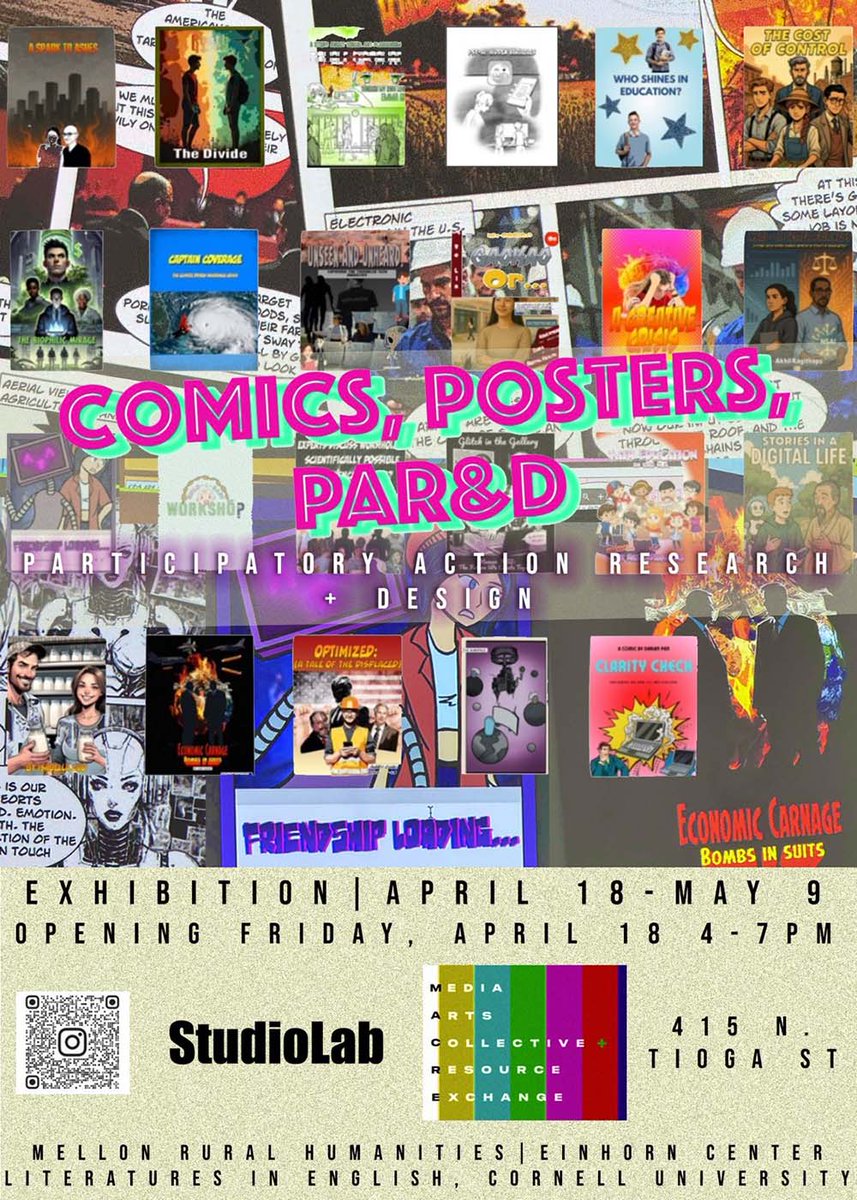 ruralhumanities's tweet photo. Comics, Posters, PAR&amp;D
Participatory Action Research &amp; Design
April 18 - May 9, 2025, 415 N Tioga St, Ithaca, NY
OPENING:  Friday, April 18, 4 - 7 pm;  CLOSING Friday, May 9, 5-8 pm https://t.co/Ezy9ElZyaO