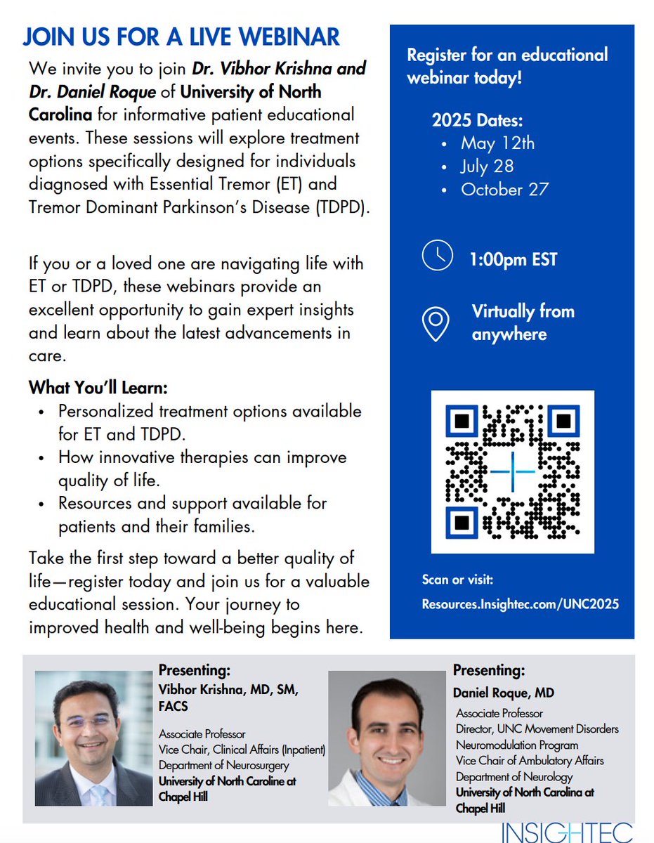 UNC Neurosurgery (@uncneurosurgery) on Twitter photo Dr. Vibhor Krishna & Dr. Daniel Roque from <a href="/UNCneurology/">UNC Neurology</a> will lead another #FocusedUltrasound webinar series designed for patients diagnosed w/ #EssentialTremor & tremor dominant #ParkinsonsDisease: bit.ly/3RVIHQZ <a href="/INSIGHTEC/">INSIGHTEC</a> <a href="/ParkinsonDotOrg/">Parkinson's Foundation</a> <a href="/UNC_Health_Care/">UNC Health</a> Dr. Vibhor Krishna & Dr. Daniel Roque from <a href="/UNCneurology/">UNC Neurology</a> will lead another #FocusedUltrasound webinar series designed for patients diagnosed w/ #EssentialTremor & tremor dominant #ParkinsonsDisease: bit.ly/3RVIHQZ <a href="/INSIGHTEC/">INSIGHTEC</a> <a href="/ParkinsonDotOrg/">Parkinson's Foundation</a> <a href="/UNC_Health_Care/">UNC Health</a>