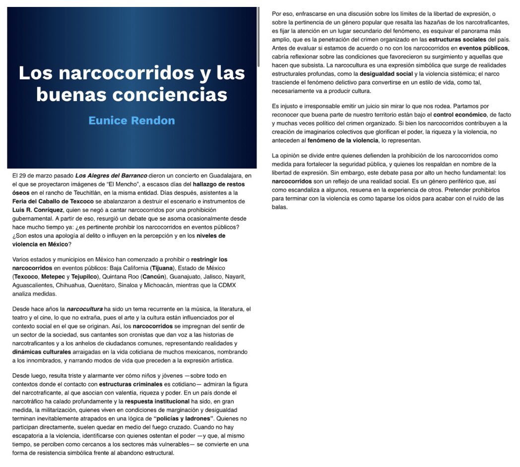 📰 ¿Prohibir #narcocorridos reduce la violencia o solo silencia una realidad incómoda? 🎶💣  

En mi columna de hoy en <a href="/El_Universal_Mx/">El Universal</a> reflexiono sobre la existencia de los narcocorridos como un síntoma de la penetración del narco en la sociedad, sus causas estructurales y el