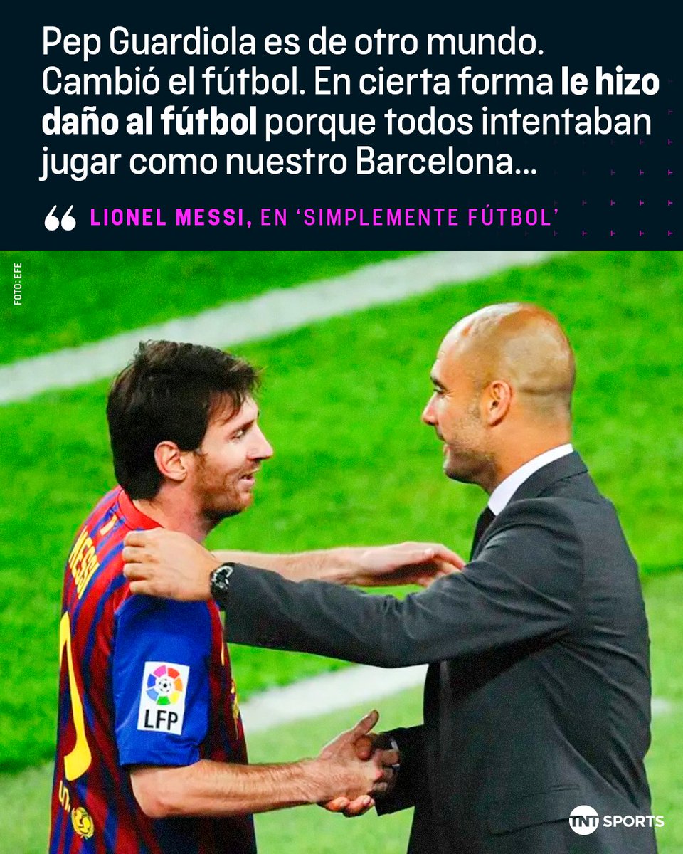 TNTSportsAR's tweet photo. 🔝👔 "LE HIZO DAÑO AL FÚTBOL"

Lionel Messi recordó a Pep Guardiola en su etapa en Barcelona. Sin dudas, el respeto y la admiración es mutua 👏 

🗣️ "Éramos un equipo especial… ese mediocampo: Xavi, Busi, Iniesta; todo era perfecto entre jugadores y DT". https://t.co/33mbD52swE