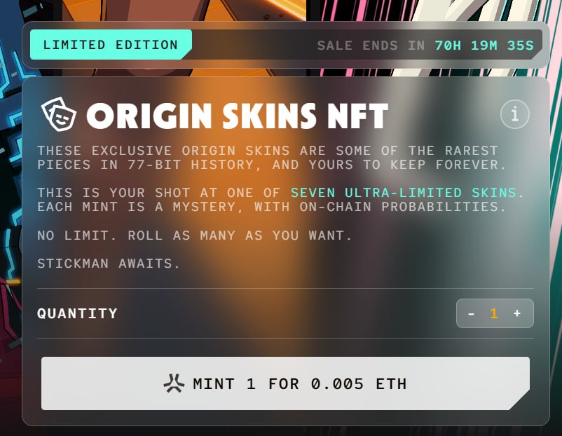 KeonHD_X's tweet image. 🔈 77 Bit — Minting is Live ✔️
🔗 Mint Link — bithub.77-bit.com
🟢 FREE Mint if you played the Beta (1 skin).
🟢 +1 FREE if you also have the Battle Pass (total 2 skins).
💵 Need 0.005 (~$7.9) Abstract ETH on Abstract Wallet to Mint
#Bithub 👇