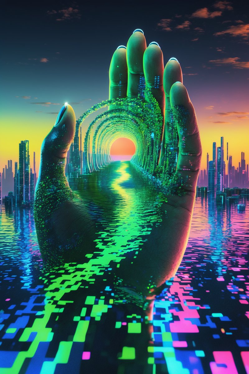 Dheepanratnam's tweet photo. When the hands of creation go digital.
Glitched portals, synthetic sunsets, and cities dreaming in code. 💿🌆🧬
#AIArt #CyberSurrealism #GlitchAesthetic #NeoCityscape #DigitalDreams https://t.co/2DYPlmJeJc