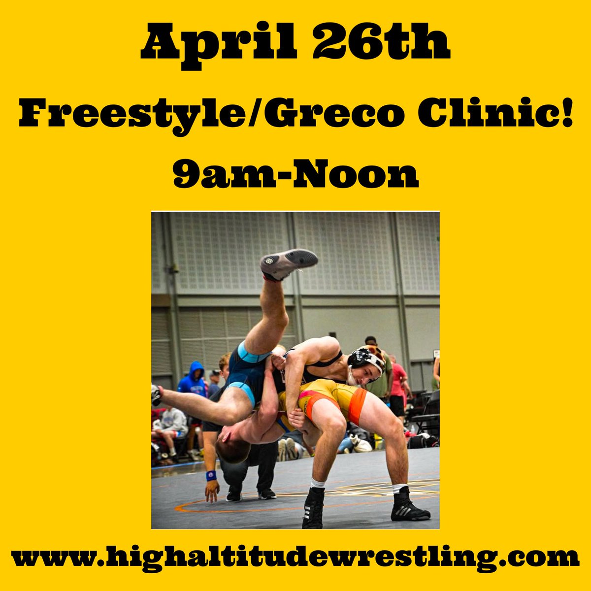 High Altitude Wrestling Freestyle/Greco Training Clinic!
 
Clinic Date:  
Saturday, April 26th 
                                                              
Schedule For Clinic:
9:00am-Noon

Clinic Location:
High Altitude Wrestling Facility
5548 NW 2nd Street, Unit 105
DM IA