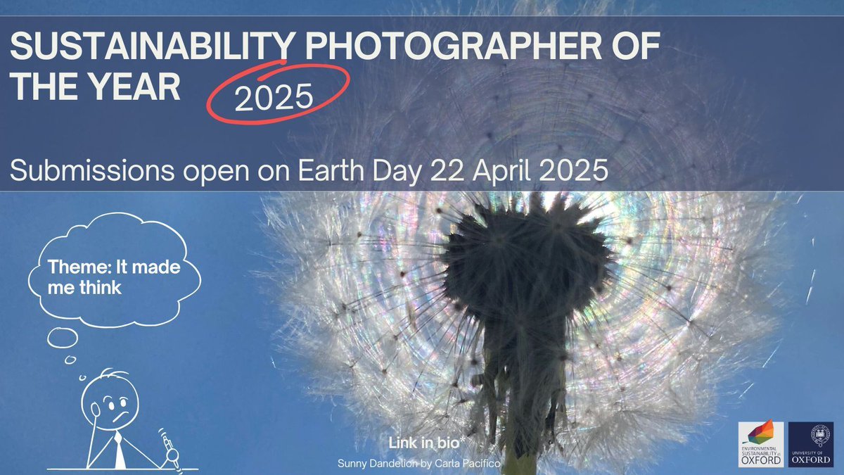 The Sustainability Photographer of the Year competition is back for #EarthDay2025! 

Theme: "It made me think." 
Submissions open Apr 22 – May 22 

Learn more and register: sustainability.admin.ox.ac.uk/article/sustai… 

#EarthDay
