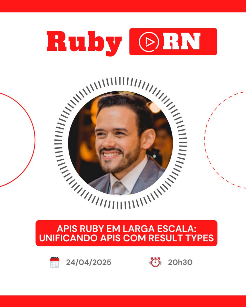 extendsmymind's tweet photo. Dia 24/04 às 20:30, em parceria com o RubyRN, vou falar sobre APIs Ruby em larga escala: unificando APIs com Result types baseado nos meus aprendizados na Shopify. Liberaremos o link no dia da live! #Ruby https://t.co/oUt2w5ZGR1