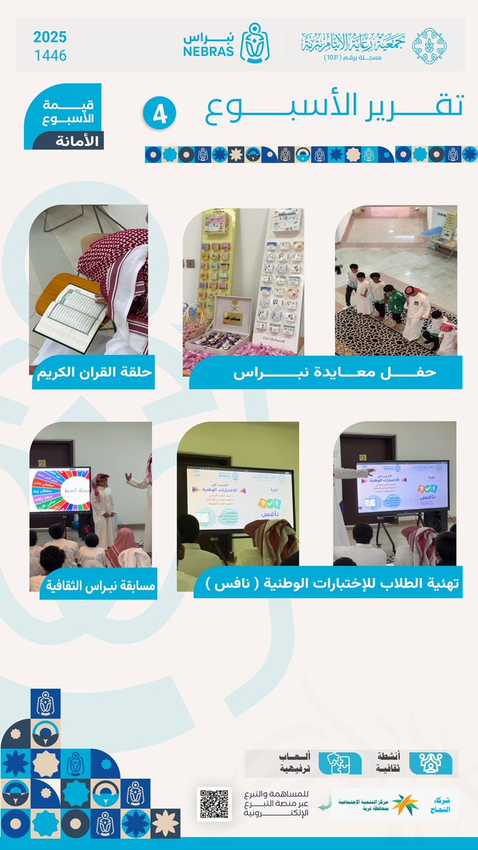 aytam_trobah's tweet photo. تقرير إنجازات #نادي_نبراس (بنين)
خلال الأسبوع الرابع . 
نستعرض لكم في هذا التقرير أبرز أنشطة وبرامج نادي نبراس، والتي تسهم في تنمية مهارات الأبناء وتعزيز قيمهم.
شكرًا لكل من ساهم في نجاح هذه البرامج.

#جمعية_رعاية_الأيتام_بتربة 
#جمعيه_رعايه_الايتام_بتربه
 #الجمعة 
#ايتام 
#ايتام_تربة