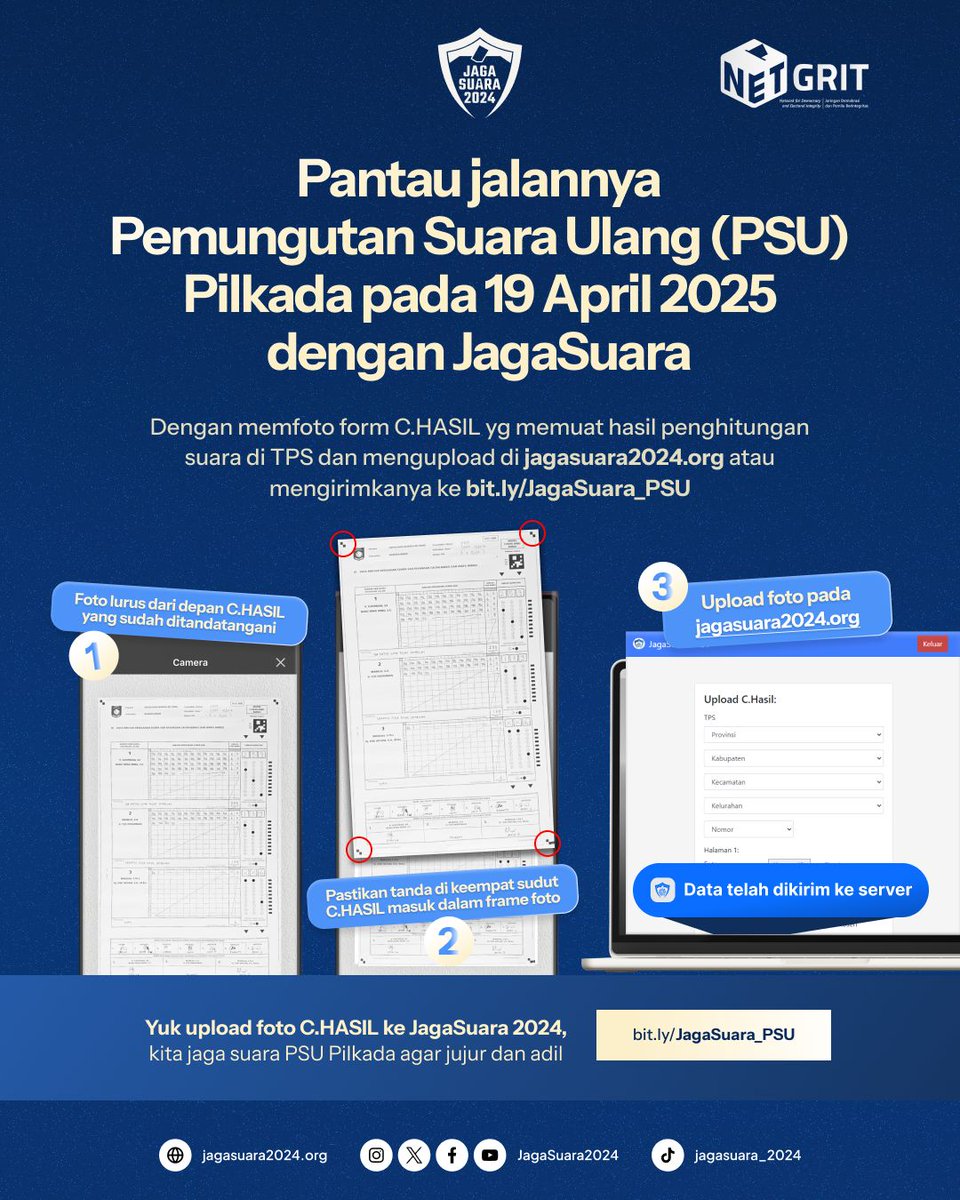 JagaSuara2024's tweet photo. Besok PSU Pilkada akan berlangsung di 8 daerah. Ayo jaga suaranya, jgn sampai dimanipulasi. Foto C.HASIL dari masing2 TPS & kirimkan/ upload ke https://t.co/nRVoqzqVt9 agar semua pihak tahu hasil penghitungan suara di setiap TPS.
#pilkadapsu
#jagasuara2024
#netgrit
##netgritpeduli