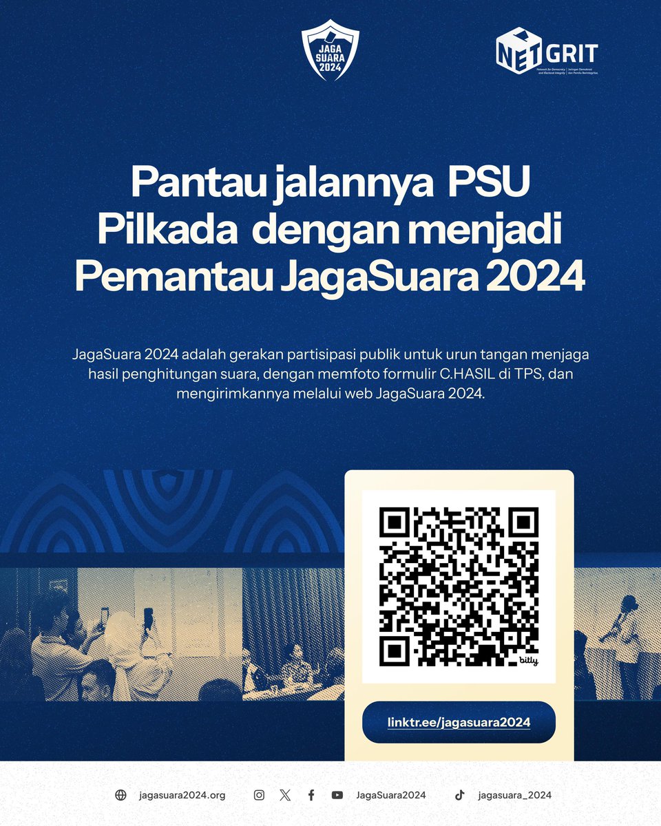 JagaSuara2024's tweet photo. Besok PSU Pilkada akan berlangsung di 8 daerah. Ayo jaga suaranya, jgn sampai dimanipulasi. Foto C.HASIL dari masing2 TPS & kirimkan/ upload ke https://t.co/nRVoqzqVt9 agar semua pihak tahu hasil penghitungan suara di setiap TPS.
#pilkadapsu
#jagasuara2024
#netgrit
##netgritpeduli