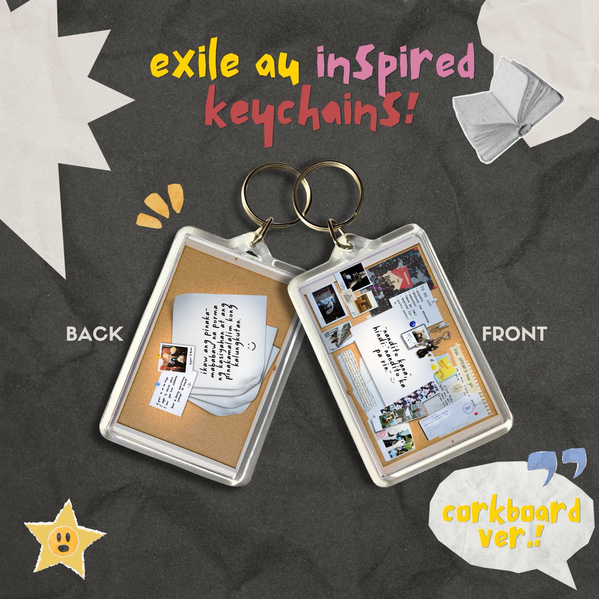hi po !! wts acrylic keychain ph :
💌: exile au inspired keychain!!

⭐️2x3 inches acrylic - three ver. (song/s ver. + corkboard ver)!  
⭐️₱150 each
⭐️customizable ! (any song u affiliate w exile <3)  
⭐️pre-order ; 10 orders 2 push
📦50% nrdp, balance once in transit

+