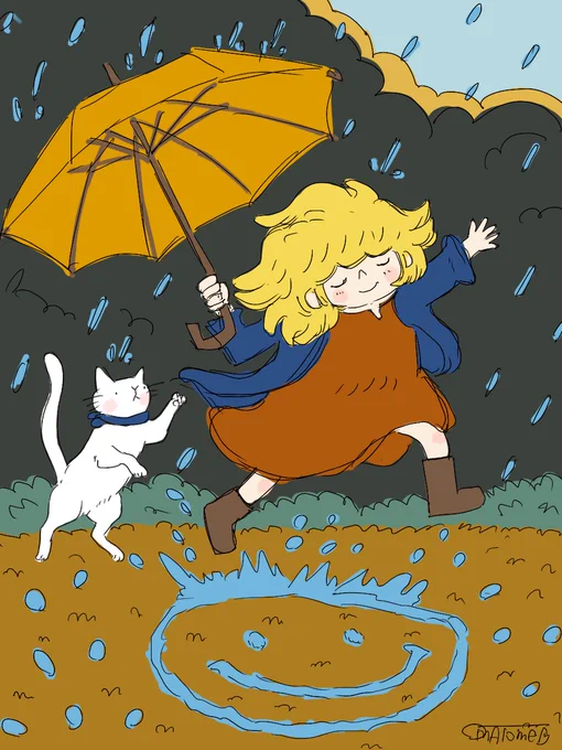 雨の日だって 心は晴れる。笑顔は 自分でつくれる空。#絵 #イラスト #猫 #ネコ #cat 