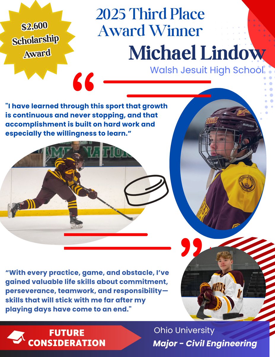 Good morning!  Our scholarship winner spotlights continue today with our 3rd place winner from <a href="/WalshJesuit/">Walsh Jesuit</a>  / <a href="/TheWJBretheren/">Walsh Jesuit Hockey</a> taking home a $2,600 award -- Michael Lindow!  Congratulations Michael!