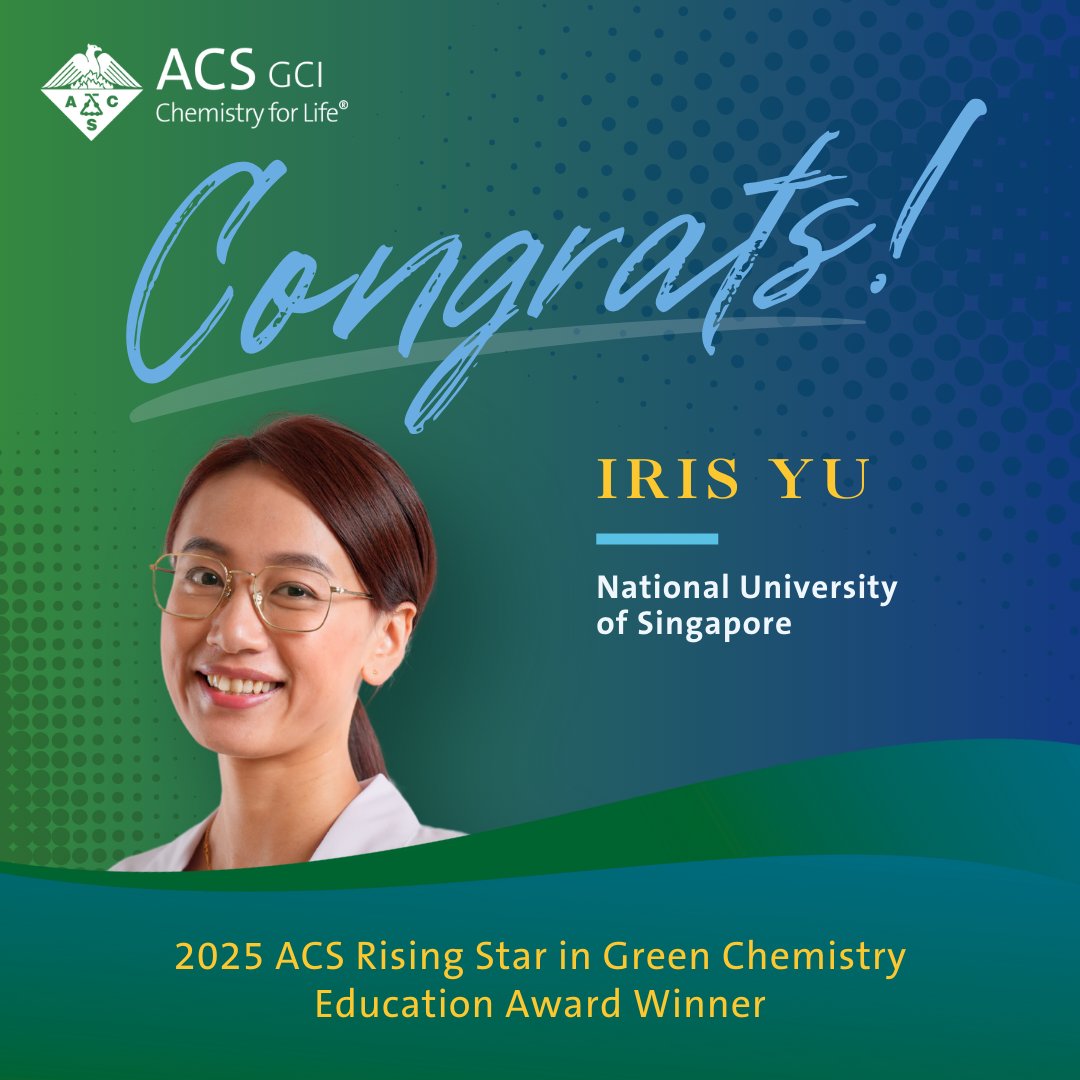 🌟 Big congratulations to Dr. Iris Yu (<a href="/NUSingapore/">NUS</a>), a 2025 Rising Star in Green Chemistry Education! 

Her work in microwave thermoprocessing &amp; green catalysis is paving the way for a more sustainable future! #GreenChemistry

🔗 Learn more: brnw.ch/21wS4TH