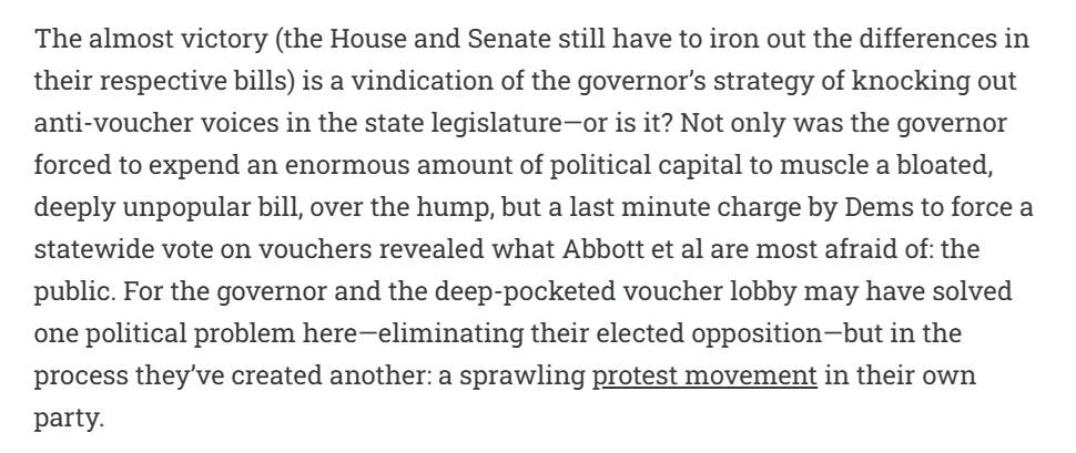 Folks popping champagne corks over Texas' enormous new voucher program are ignorning the new political reality they helped spawn: a sprawling new protest movement within the TX GOP