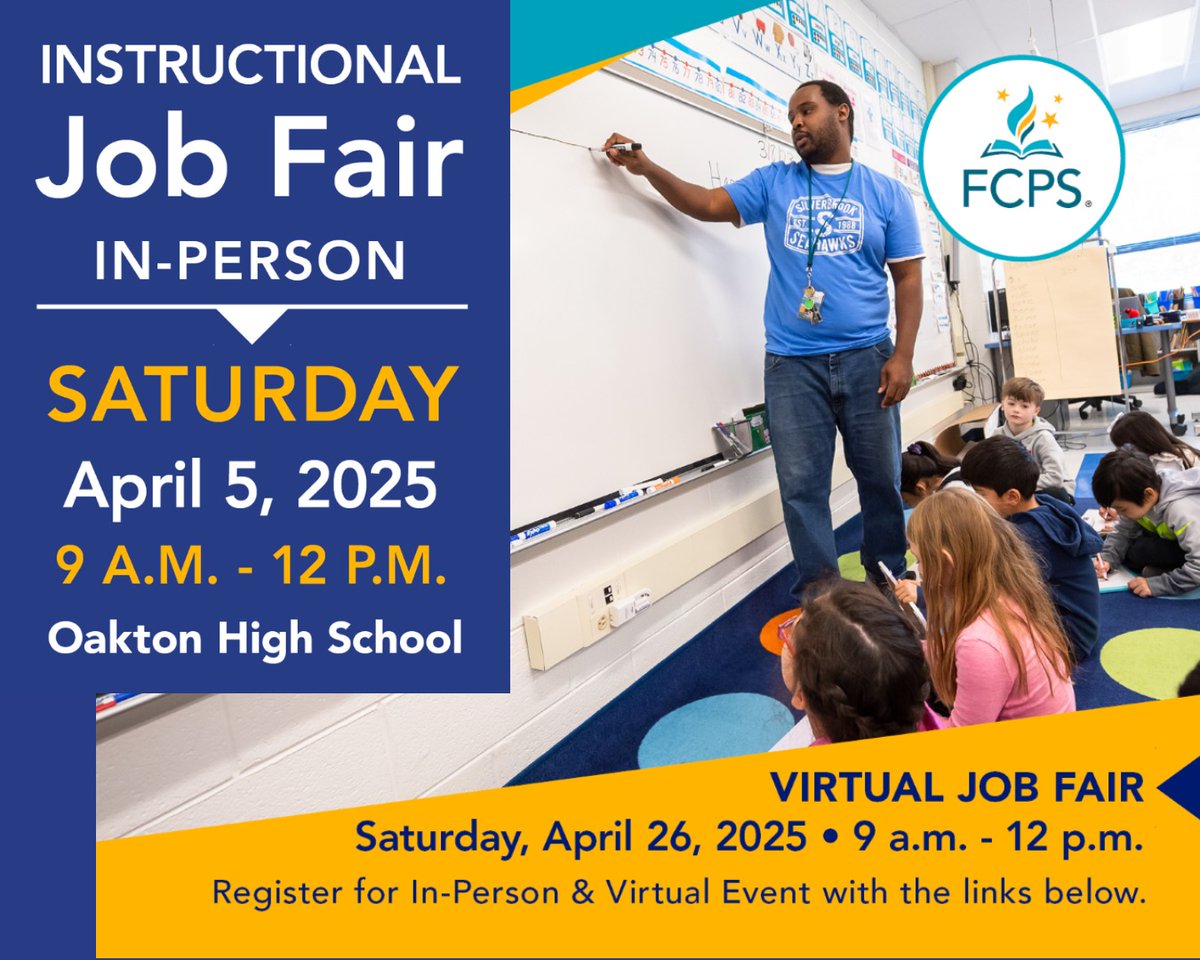 Fairfax County Public Schools (FCPS) is hosting a virtual instructional job fair on Saturday, April 26, 2025!

#IUPStartsCareers #Employment