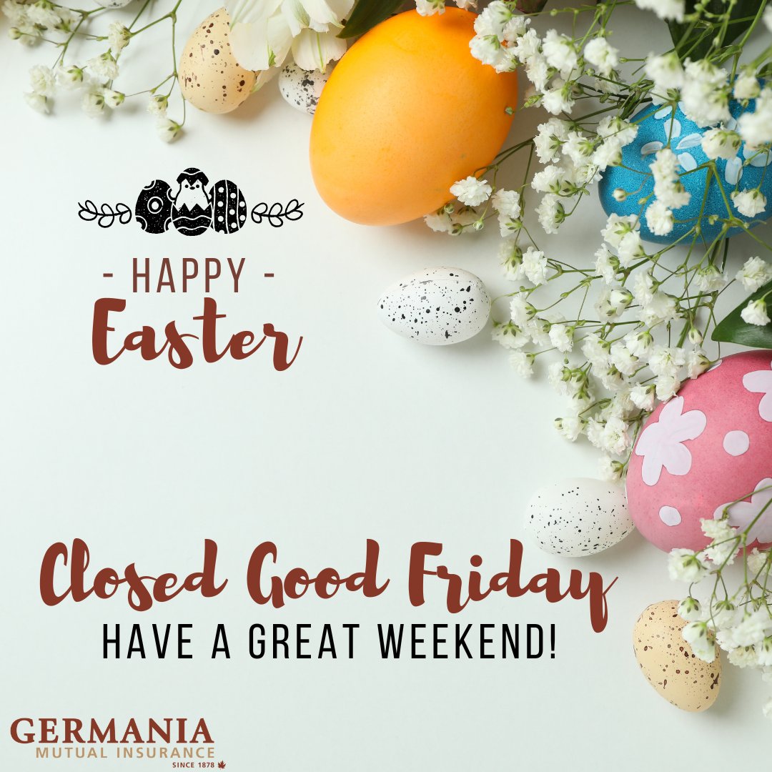 GermaniaMutual's tweet photo. We hope you enjoy your Easter Weekend. π·
Our office is closed today for Good Friday & we will re-open at 8:30am Monday, to assist you.
If you encounter any urgent claims issues please call 1-800-265-3433.
#Easter #GoodFriday #InYourCommunityForYourCommunity https://t.co/M7E28lWzCa