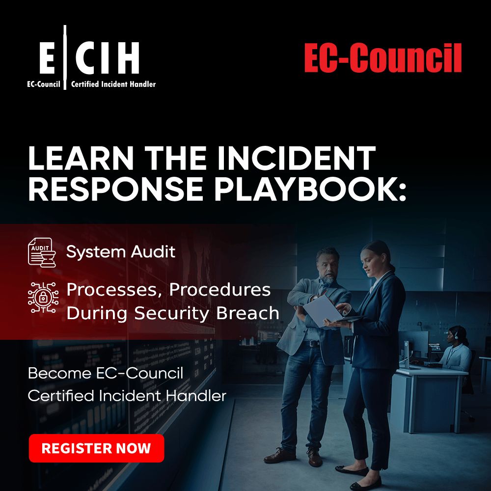 ECCOUNCIL's tweet photo. Ready to tackle security breaches head-on? Learn the incident response playbook with #eccouncil Certified Incident Handler course. Register now: https://t.co/svb45GCNkY
#ecih #incidenthandling #ih&r #incidentresponse #cybersecurity https://t.co/7jhhQG0iha