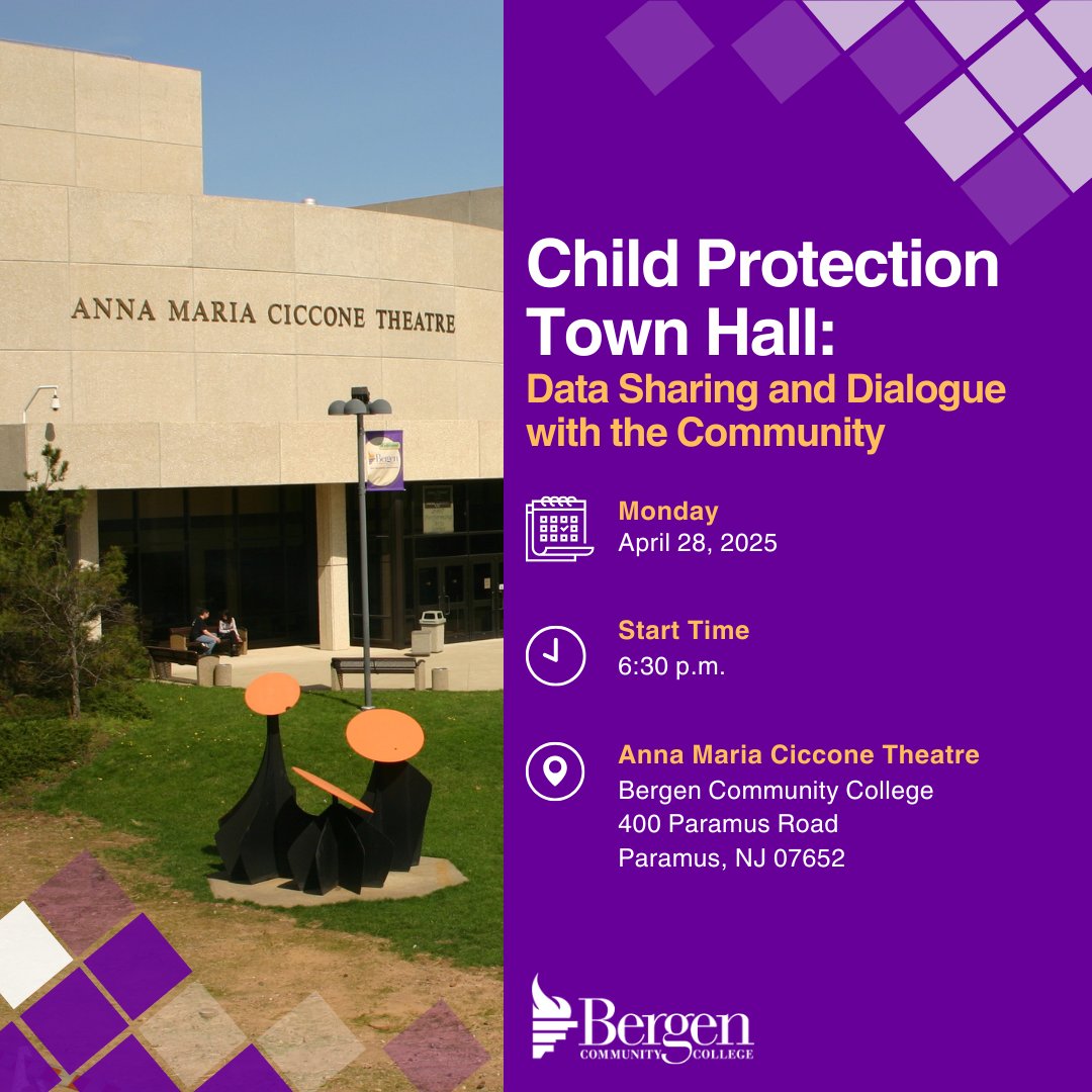 Do you care about your community's safety? Attend the “Child Protection Town Hall: Data Sharing and Dialogue with the Community” at 6:30 p.m. on April 28. Register at ow.ly/V7bi50VmeqL.

#bergencc #learnbelongsucceed #nj #paramus #bergencounty #childprotection