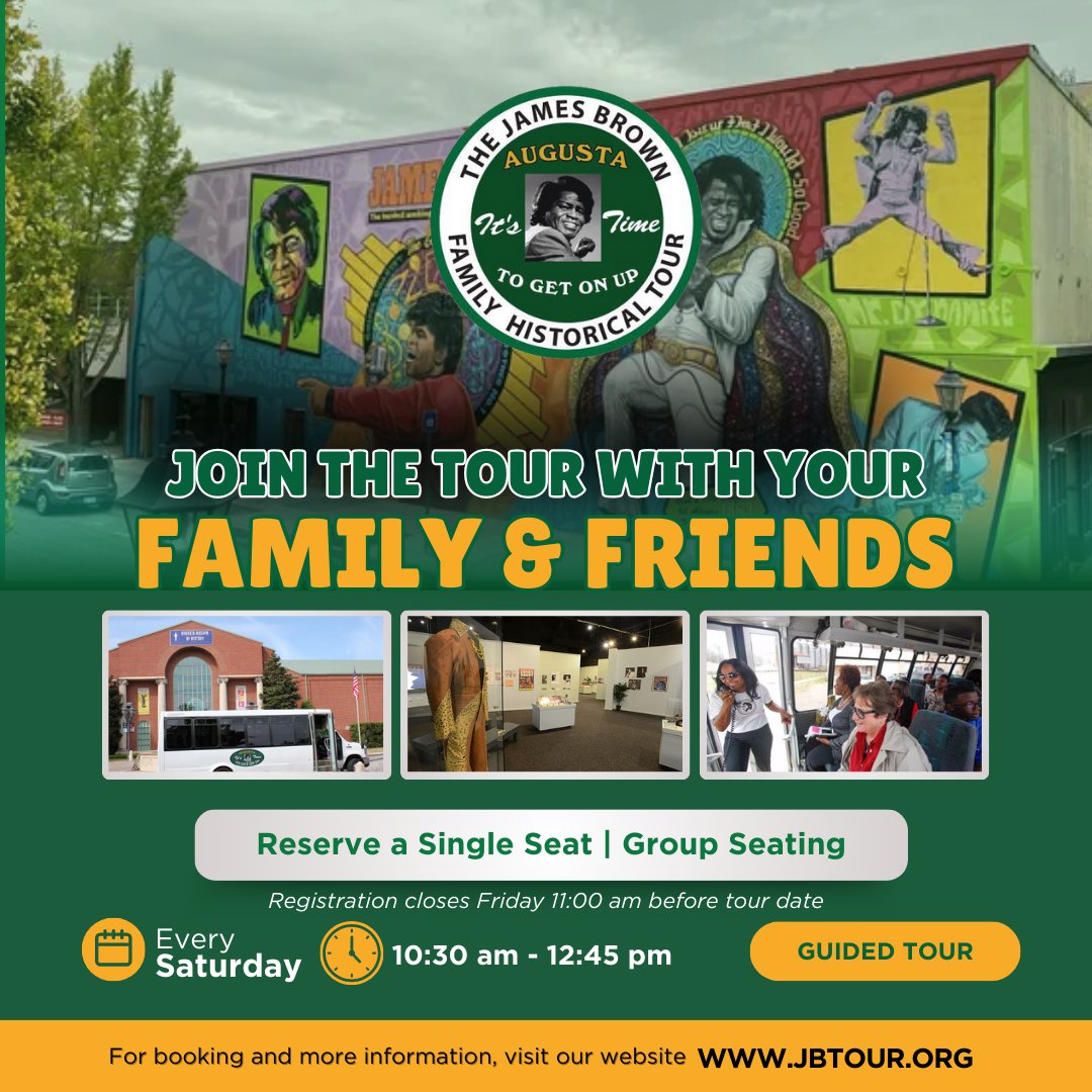JamesBrownFF's tweet photo. Discover the places that shaped a legend with the @JBFHtour 
From Mr. James Brown’s childhood home to his iconic Statue, explore the heart of his legacy in Augusta.

Reserve a seat now: https://t.co/pzSVp3Y4Kb

#JamesBrown #SoulPower #JBFHT #BlackHistory #AugustaGA https://t.co/Aw4YYoqEvn