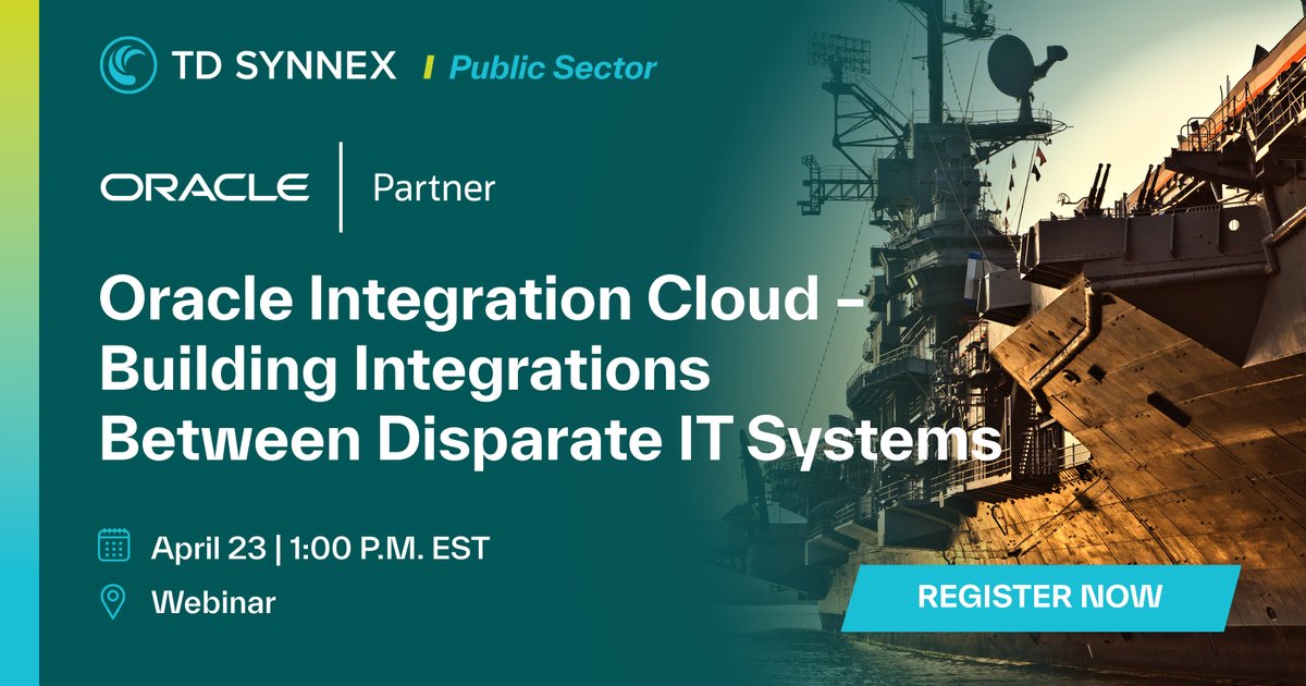 TD_SYNNEX_PS's tweet image. Join us for a live session exploring how @Oracle #IntegrationCloud Gen3 makes connecting #Oracle and third-party systems easier than ever. We’ll walk through real-world integration scenarios. Register: bit.ly/42ih1Mp #PublicSectorIT