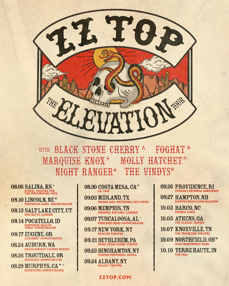We've got more shows on the way! The Elevation Tour continues—new dates just announced! Visit zztop.com/tour for tickets and more details. 🤘
