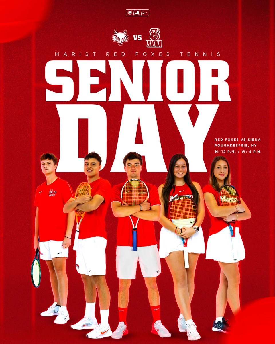 Senior Day MATCHDAY!!!

🆚 Siena
📍 Poughkeepsie, NY | Tennis Pavilion
⏰ M-noon (ceremony at 11:45 a.m.) 
        W-4 p.m. (ceremony at 3:45 p.m.)

#goredfoxes | #maristtennis