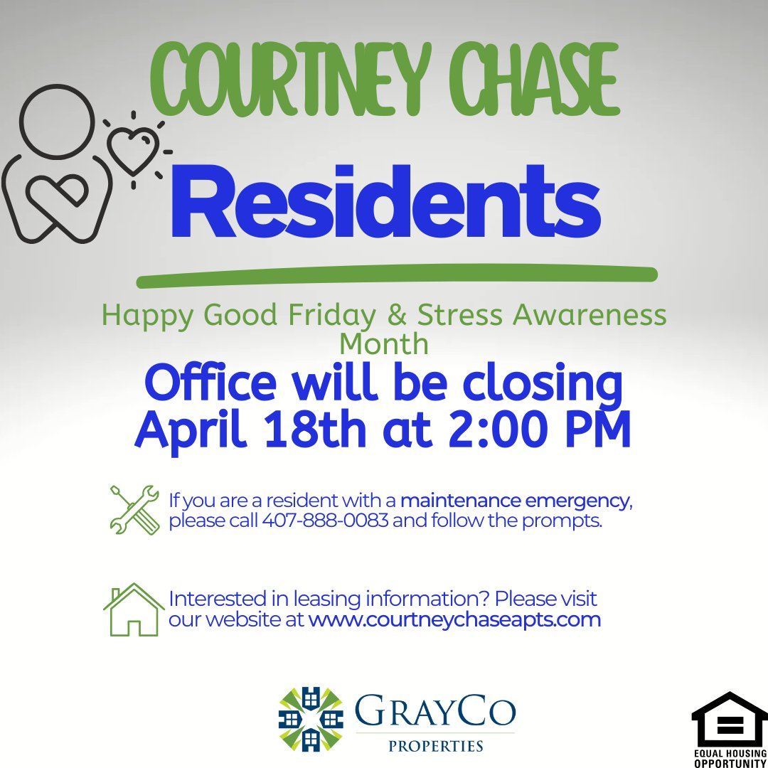 CourtneyChase04's tweet photo. As a part of Stress Awareness Month, our office will be closing on Friday 4/18/25 at 2PM. For any emergencies please dial 407.888.0083 and follow the prompt. https://t.co/YGEFsZ0RFg