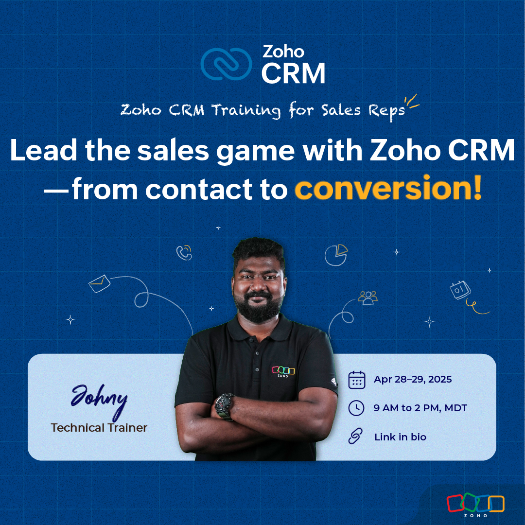 Ready to take your sales game to the next level? 

From prospecting to closing deals, this training will equip you with the tools and strategies you need to improve interactions, streamline workflows, and drive more conversions.

Link to register: zoho.to/ZCRMSRMDTA
