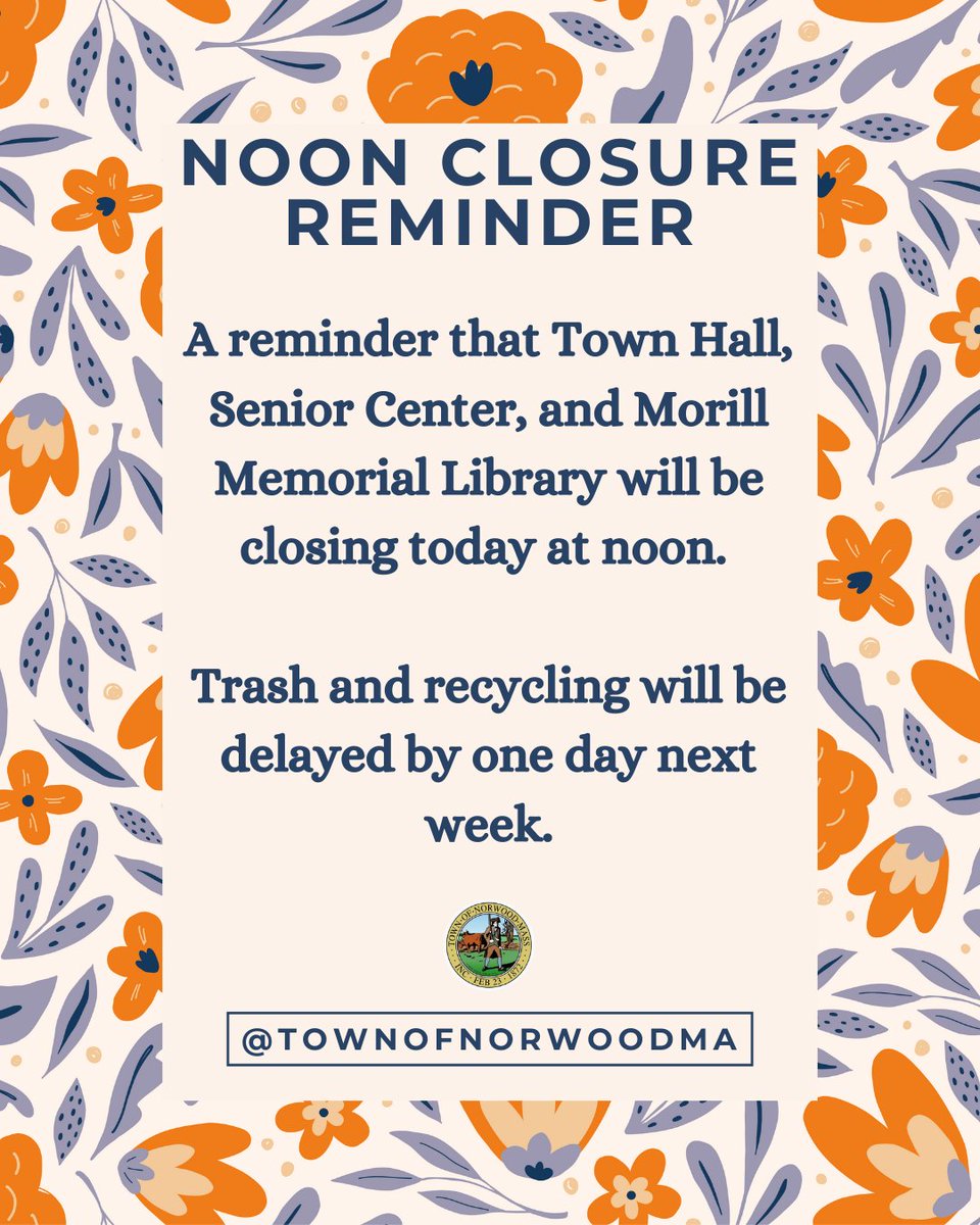 Reminder that today is a noon closure. Enjoy your weekend. 🐣

#NorwoodMA #HolidayClosure #GoodFriday