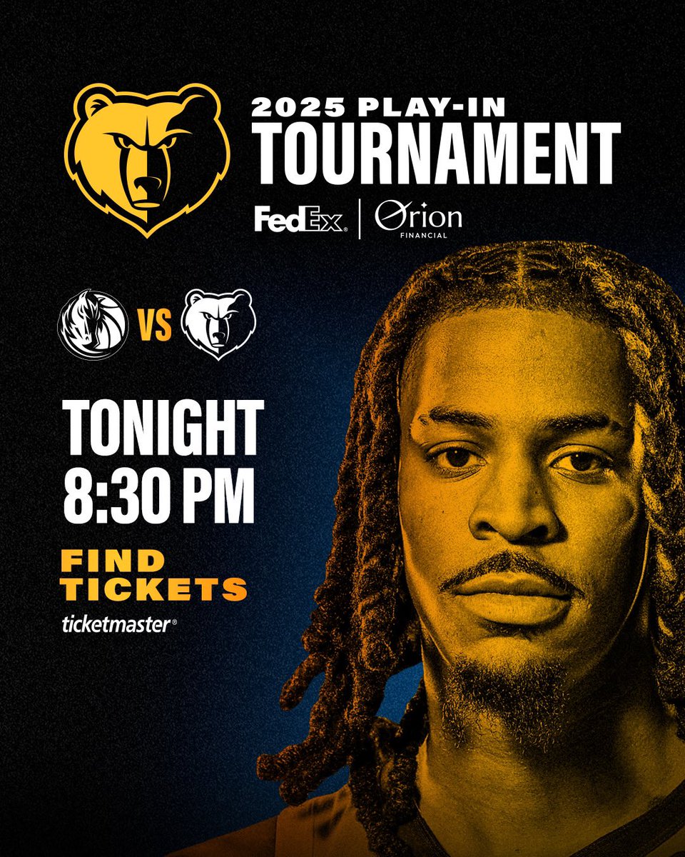 Memphis Grizzlies (@memgrizz) on Twitter photo Letโs do this, Grizz Nation. ๐ค
๐บ <a href="/espn/">ESPN</a>
๐ป <a href="/929espn/">929ESPN</a>
๐ 8:30pm
๐ <a href="/dallasmavs/">Dallas Mavericks</a>
๐๏ธ bit.ly/42MAuVt
๐ <a href="/FedEx/">FedEx</a> | <a href="/OrionFinancial_/">Orion Financial</a> Letโs do this, Grizz Nation. ๐ค
๐บ <a href="/espn/">ESPN</a>
๐ป <a href="/929espn/">929ESPN</a>
๐ 8:30pm
๐ <a href="/dallasmavs/">Dallas Mavericks</a>
๐๏ธ bit.ly/42MAuVt
๐ <a href="/FedEx/">FedEx</a> | <a href="/OrionFinancial_/">Orion Financial</a>