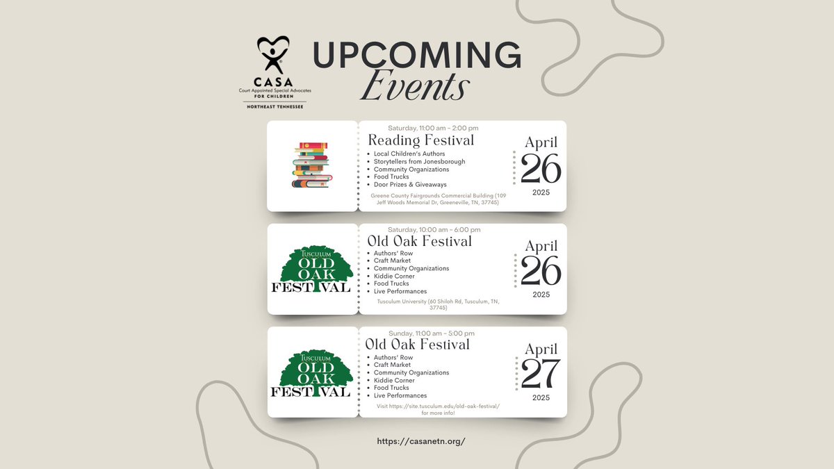 Calling all festival lovers! 📖🌳✨Don't miss the Reading Festival and Old Oak Festival. There will be fun for all ages! See you there? 👀

#CASAofNortheastTN #CourtAppointedSpecialAdvocates #CASA #NortheastTennessee #OldOakFestival #TusculumUniversity #GreenevilleTennessee