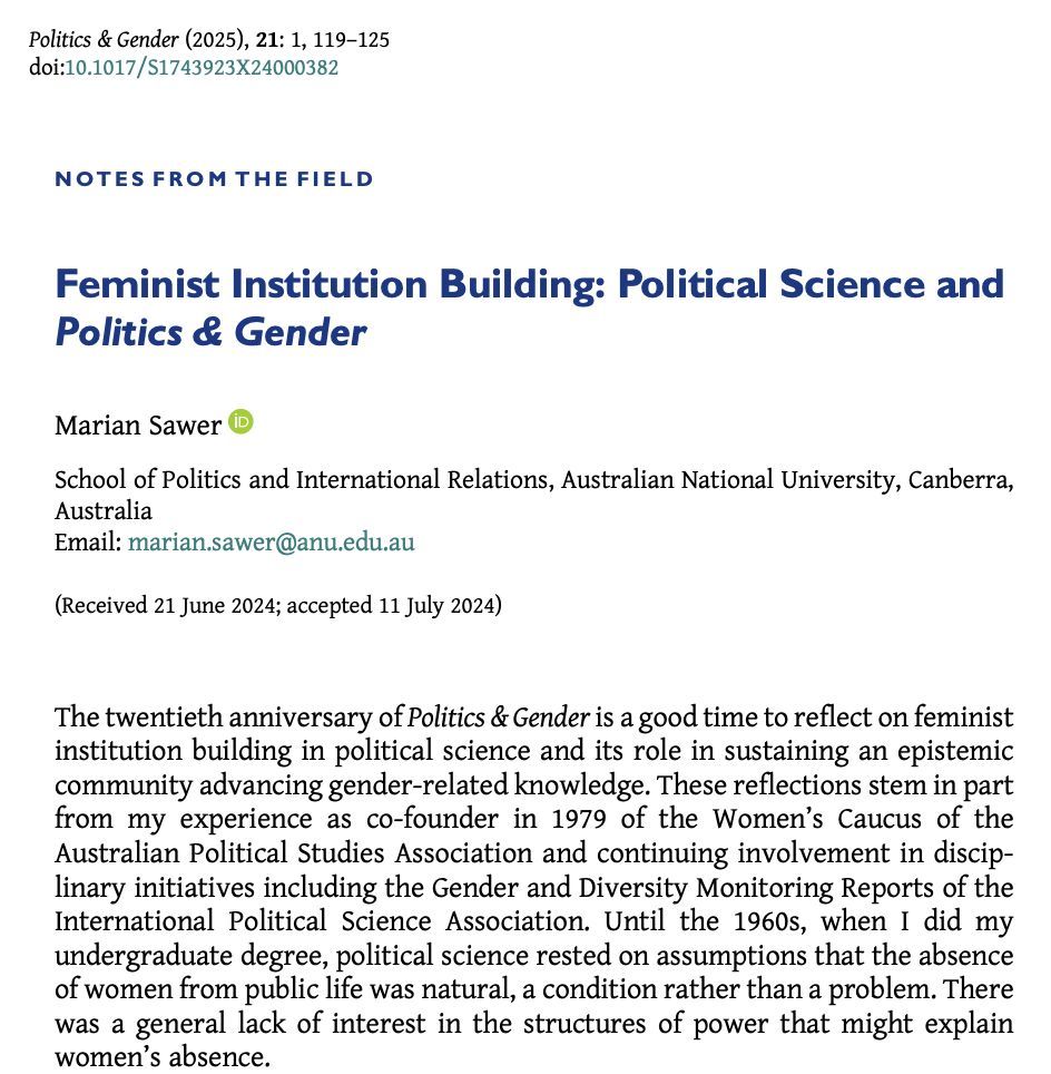 Politics & Gender (@politicsgenderj) on Twitter photo 📢New #PAG21 Notes from the Field 📝
<a href="/MarianSawer/">Marian Sawer</a> reflects on the history of women in political science and the transformative claims that feminists have made about women's roles in public life.
buff.ly/jaI5dIS 📢New #PAG21 Notes from the Field 📝
<a href="/MarianSawer/">Marian Sawer</a> reflects on the history of women in political science and the transformative claims that feminists have made about women's roles in public life.
buff.ly/jaI5dIS