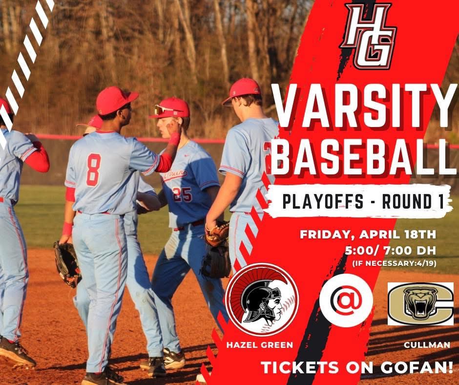 HGHSBaseball (@hghs_baseball) on Twitter photo PLAYOFFS ROUND 1 ‼️🚨
Varsity (25-11) on the road to to play Cullman at 5 today for the 1st Round of the Playoffs! Come out and support the boys!
🆚: <a href="/CullmanBaseball/">Cullman Baseball</a>
⏰: Varsity- 5:00 PM/7:00 PM
📍: Cullman High School
🎟️: GoFan PLAYOFFS ROUND 1 ‼️🚨
Varsity (25-11) on the road to to play Cullman at 5 today for the 1st Round of the Playoffs! Come out and support the boys!
🆚: <a href="/CullmanBaseball/">Cullman Baseball</a>
⏰: Varsity- 5:00 PM/7:00 PM
📍: Cullman High School
🎟️: GoFan
