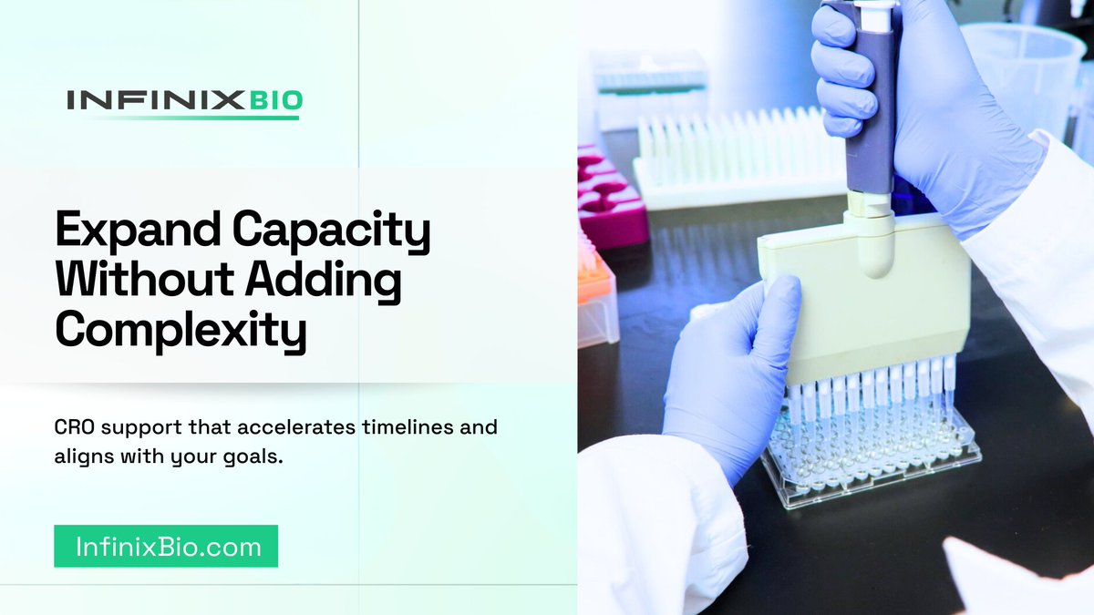 InfinixBio's tweet photo. Biotech teams are moving fast, but not fast enough without the right support.
InfinixBio helps you scale smarter with scientific CRO teams that plug in fast and deliver.
🔗 https://t.co/rJY714s33e
#DrugDiscovery #BiotechCRO https://t.co/W5YUe4wLk3