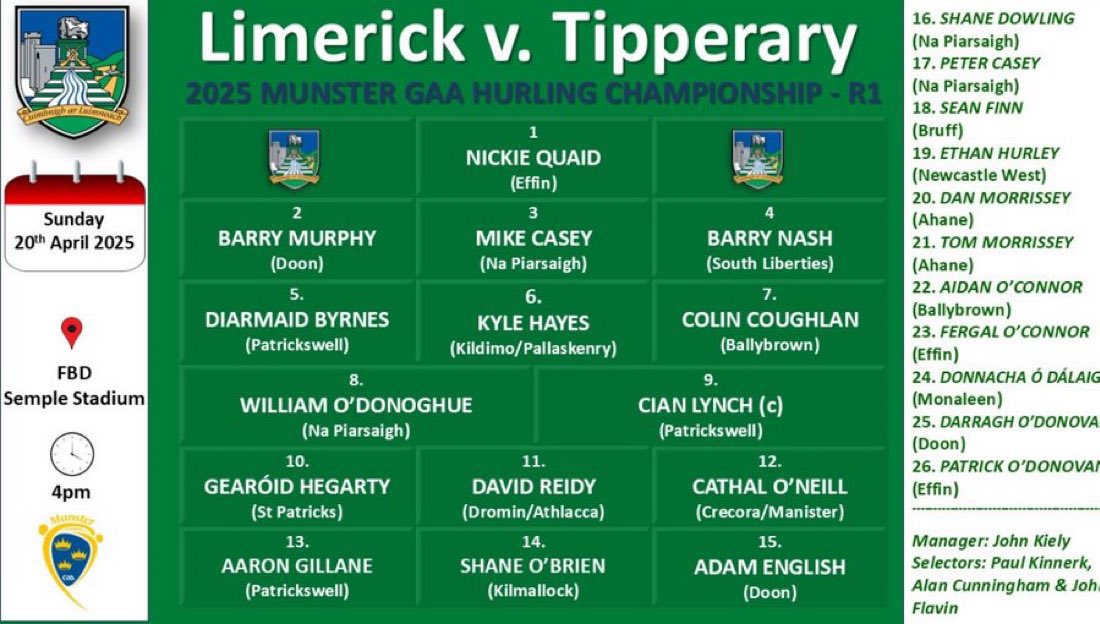 FantasyHurling's tweet photo. 🚨⚾#FH25 TeamNews ⚾ 🚨
That’s all the teams named!💪💪 fair play to all the county boards for efficiency
Big news is Nickie Quaid back for Limerick 💪
📲Get Involved https://t.co/H0lh6wtCrt https://t.co/koWCyYJS8c