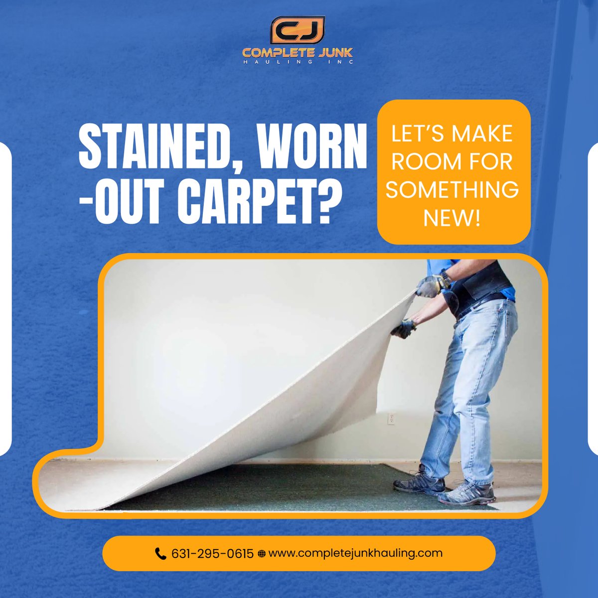 complete_junk's tweet photo. 🚨 SAY GOODBYE TO THAT UGLY, WORN-OUT CARPET! 🚨
Let’s be real—your carpet has seen better days. Stains, wear, and years of foot traffic? It’s time for a fresh start! 
We’ll rip it up, haul it out, and leave you with a clean slate—fast, hassle-free, and no heavy lifting for you. https://t.co/B0mlPAzX6N