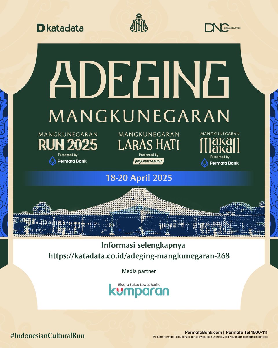 Dalam rangka memperingati ulang tahun Adeging Mangkuneragan ke-268 @PuroMangkunegaran kembali bekerja sama dengan @Katadatacoid dan @dnc_compassion untuk menggelar beragam aktivitas yang diselenggarakan pada 18-20 April 2025.

Adapun rangkaian kegiatannya antara lain