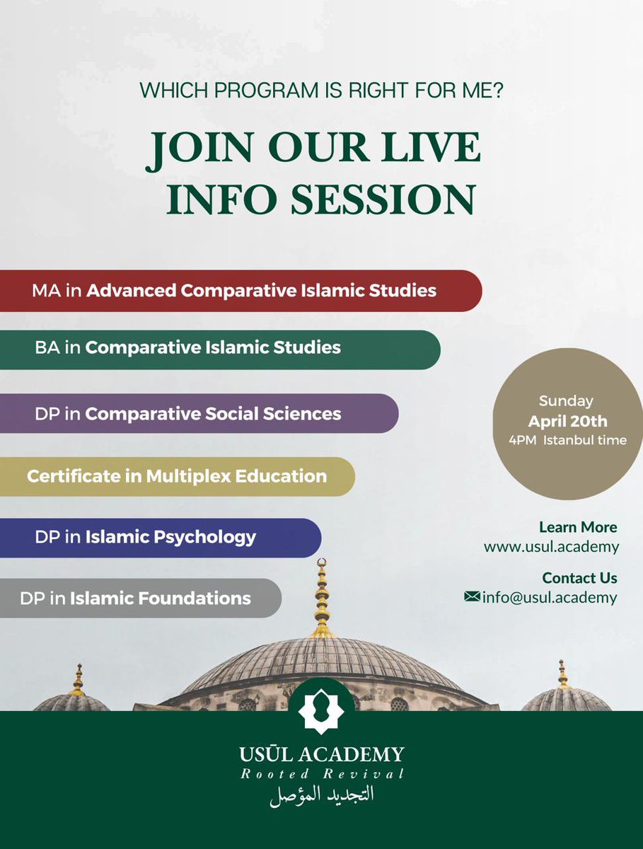 Interested in Usul Academy but not sure what program is right for you? Join our live info session this Sunday, April 20th at 4pm Istanbul time and ask questions directly to our Academic Director Dr. Samir Mahmoud.

Registration link: us06web.zoom.us/meeting/regist…